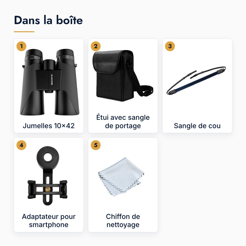 Dans la boîte : jumelles 10x42, étui avec sangle de portage, sangle de cou, adaptateur pour smartphone et chiffon de nettoyage