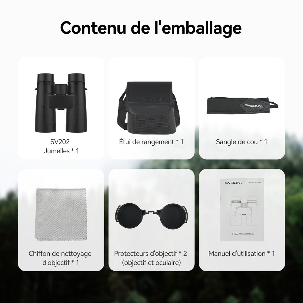 Contenu de l'emballage des jumelles SV202 : jumelles, étui de rangement, sangle de cou, chiffon de nettoyage, protecteurs d'objectif et manuel d'utilisation