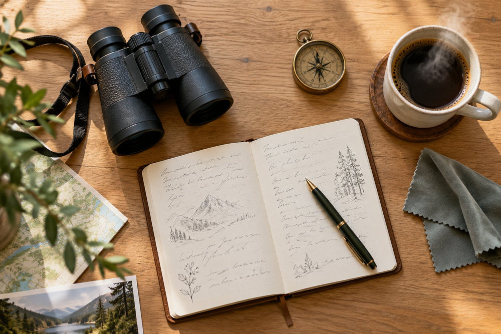 Vue du dessus d'un bureau en bois clair : jumelles, carnet ouvert, chiffon d'optique, boussole et café