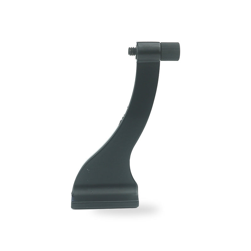 Adaptateur en L noir pour fixer des jumelles sur un trépied, vu de face, sur fond blanc