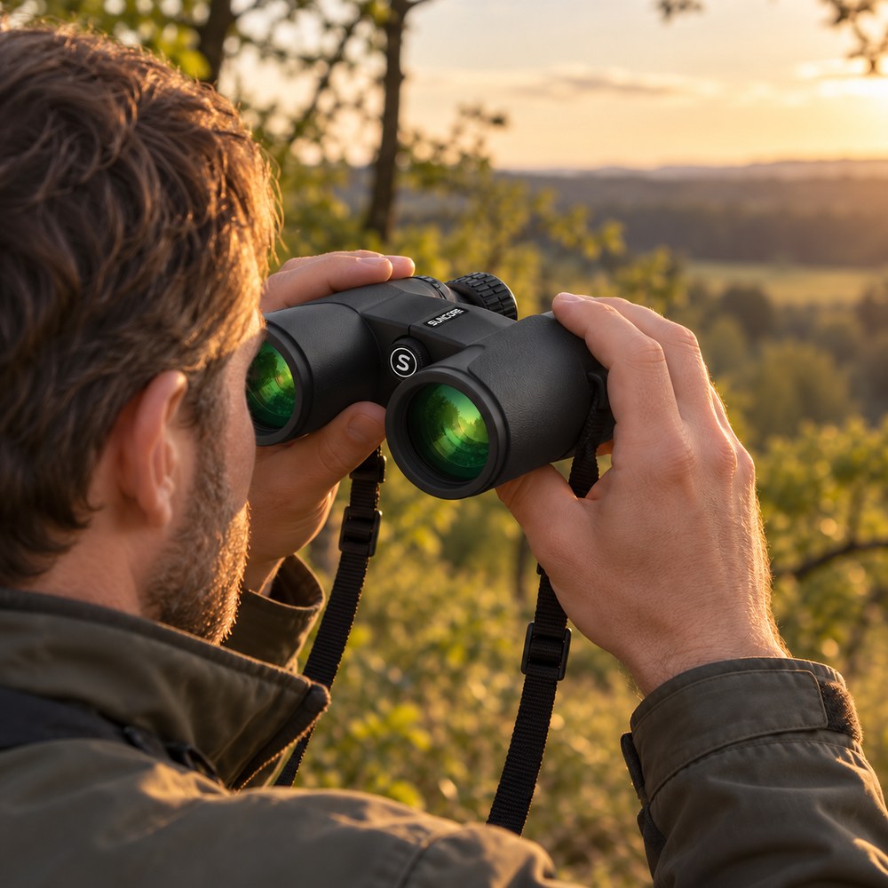 Un observateur lève les jumelles 10x42 vers un paysage de campagne au coucher du soleil, la sangle de cou autour du cou