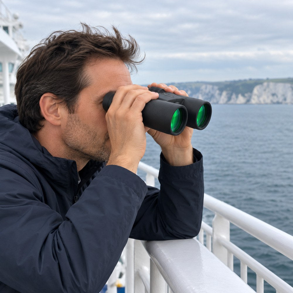 Un homme regarde la falaise depuis le pont d'un ferry avec les jumelles 10x42, accoudé à la rambarde