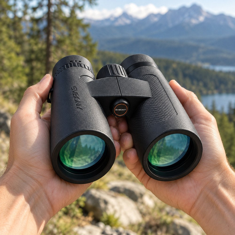 Des mains tiennent les jumelles 10x42 SV202 devant un paysage de montagne