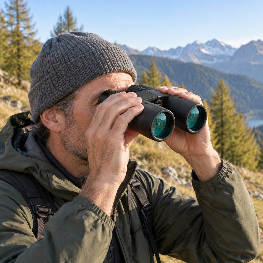 Un randonneur à bonnet regarde au loin avec les jumelles 10x42 SV202, montagnes en arrière-plan