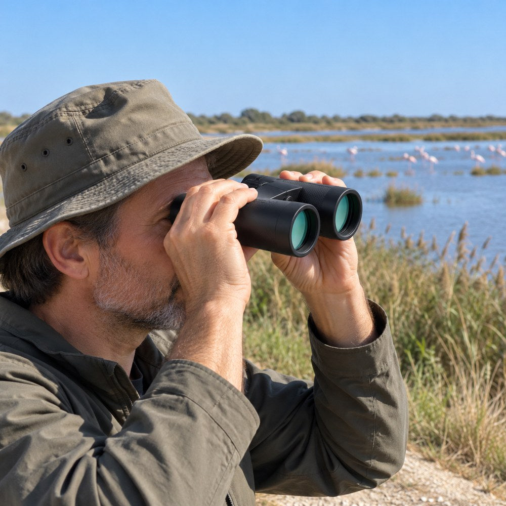 Un observateur coiffé d'un chapeau regarde les oiseaux d'un étang avec les jumelles 10x42 SV202