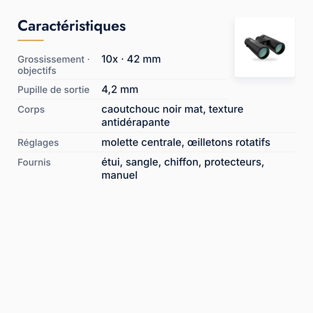 Caractéristiques des jumelles 10x42 SV202 : grossissement, objectifs de 42 mm, pupille de sortie de 4,2 mm, corps caoutchouté, réglages et éléments fournis