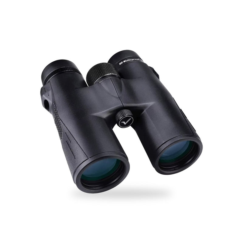 Jumelles 10x42 SVBONY SV47 noires, vues de trois quarts, sur fond blanc