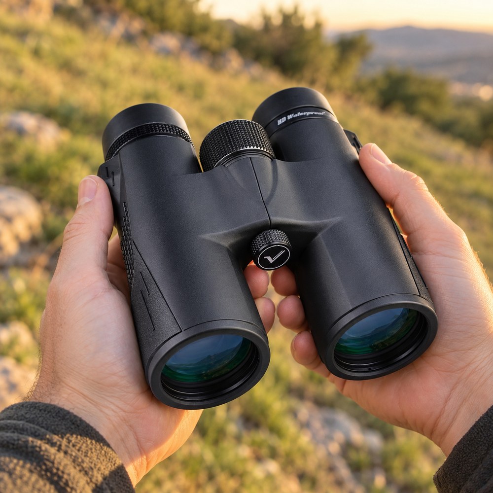 Des mains tiennent les jumelles 10x42 SV47 sur un coteau pour se rendre compte de leur taille