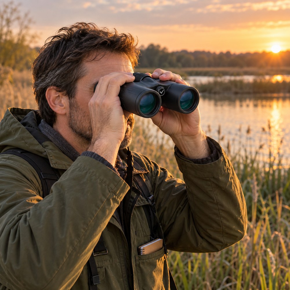 Un observateur regarde un étang au lever du soleil avec les jumelles 10x42