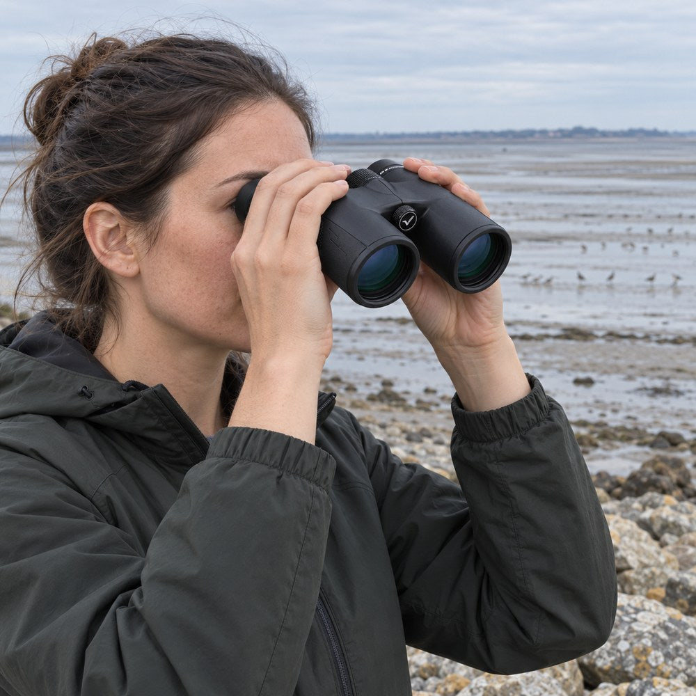 Une observatrice regarde les oiseaux d'une baie à marée basse avec les jumelles 10x42 SV47, tenues à deux mains