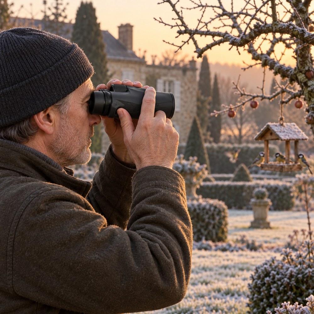 Un homme en bonnet observe les oiseaux d'une mangeoire dans un jardin givré, au lever du jour, avec les jumelles 10x42 SV47