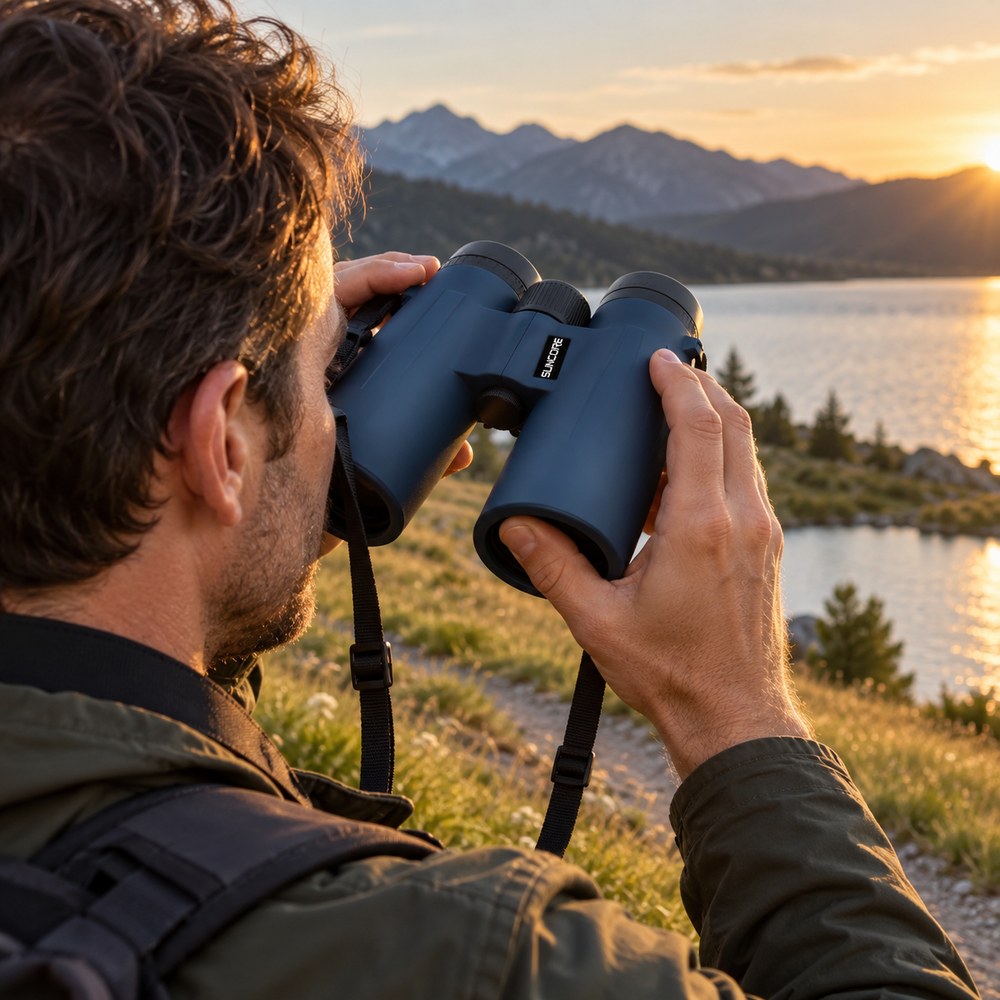 Un randonneur observe un lac de montagne au coucher du soleil avec les jumelles 10x50, la sangle de cou autour du cou