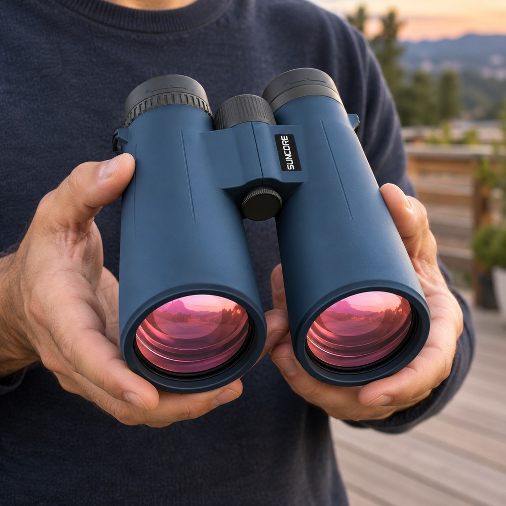 Un homme tient à deux mains les jumelles 10x50 bleues, face aux grands objectifs de 50 mm aux reflets roses