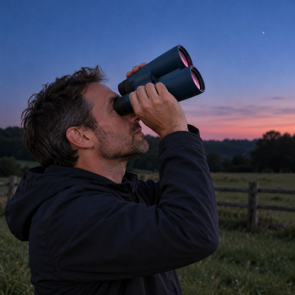 Un homme lève les jumelles 10x50 bleues vers le ciel du soir, au crépuscule, dans un pré