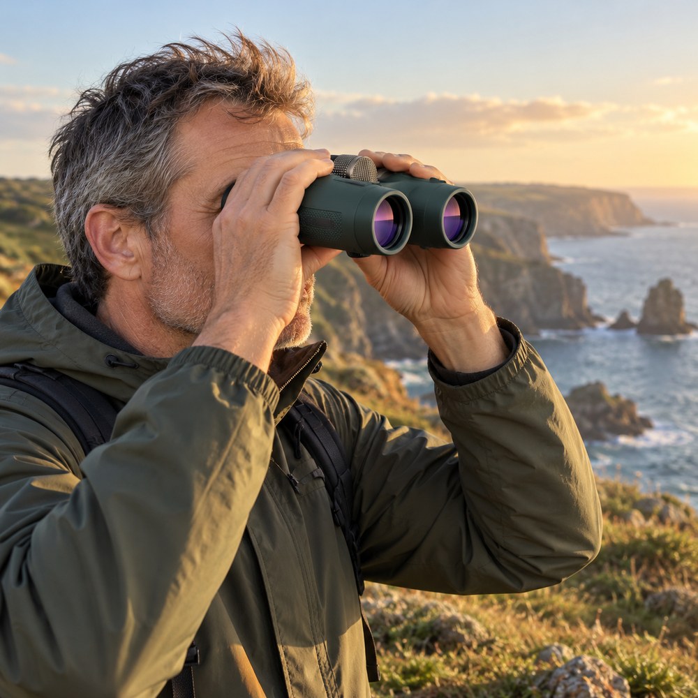 Un homme regarde la côte avec les jumelles 12x42, falaises et mer au coucher du soleil