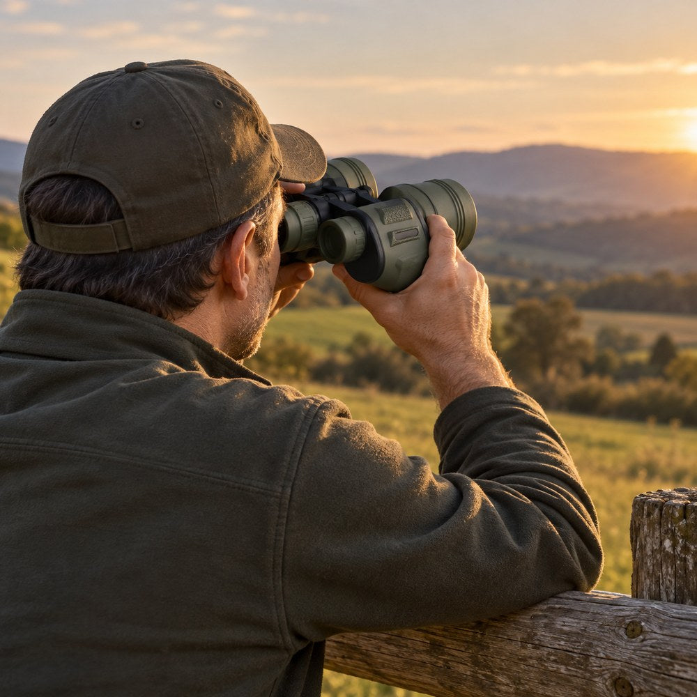Un observateur appuyé sur une barrière en bois regarde au loin avec les jumelles 20x50