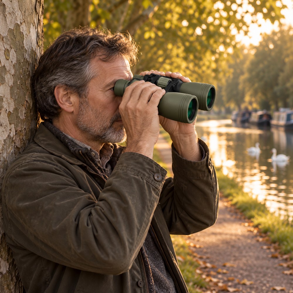 Un homme adossé à un platane observe le canal en début de soirée avec les jumelles 20x50 à prismes de Porro