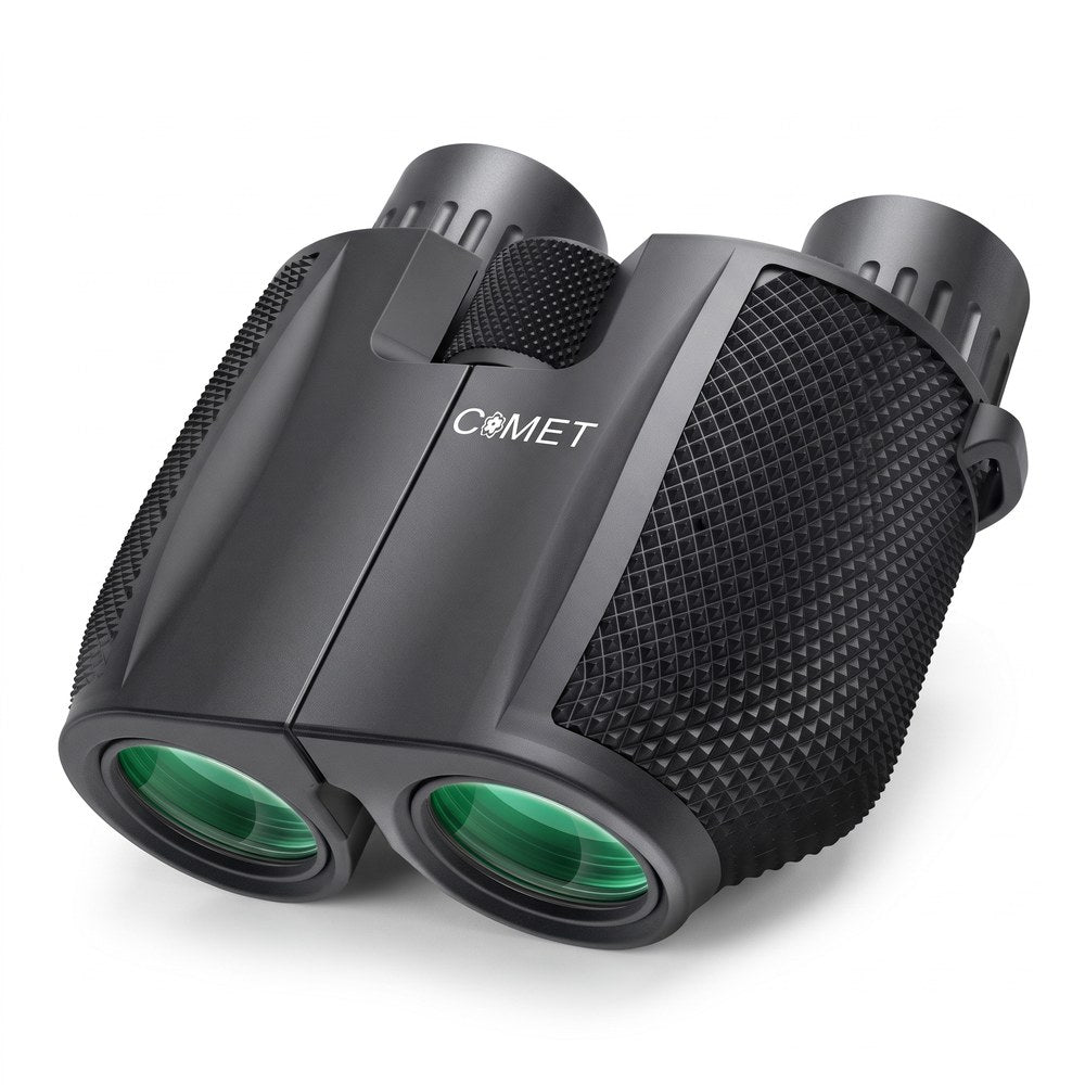 Jumelles compactes COMET 10x25 noires à motif quadrillé, vues de trois quarts, sur fond blanc