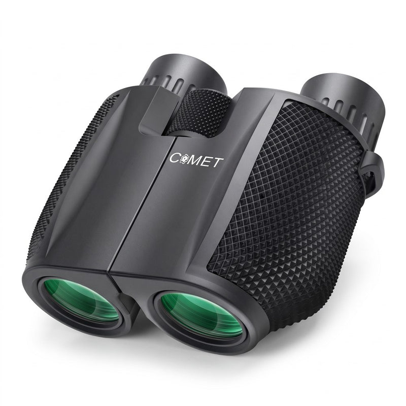 Jumelles compactes COMET 10x25 noires à motif quadrillé, vues de trois quarts, sur fond blanc