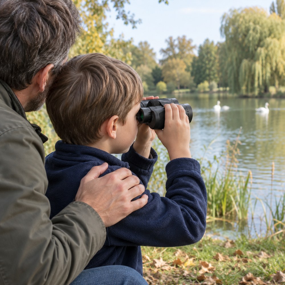 Un père et son enfant observent les cygnes d'un étang de parc avec les jumelles compactes 10x25