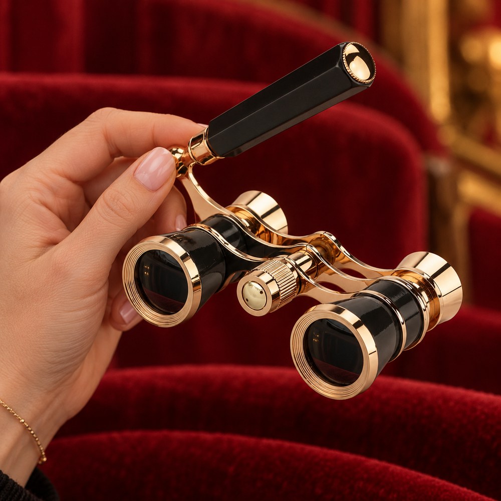 Une main tient les jumelles d'opéra par leur poignée, dans une loge de théâtre au velours rouge