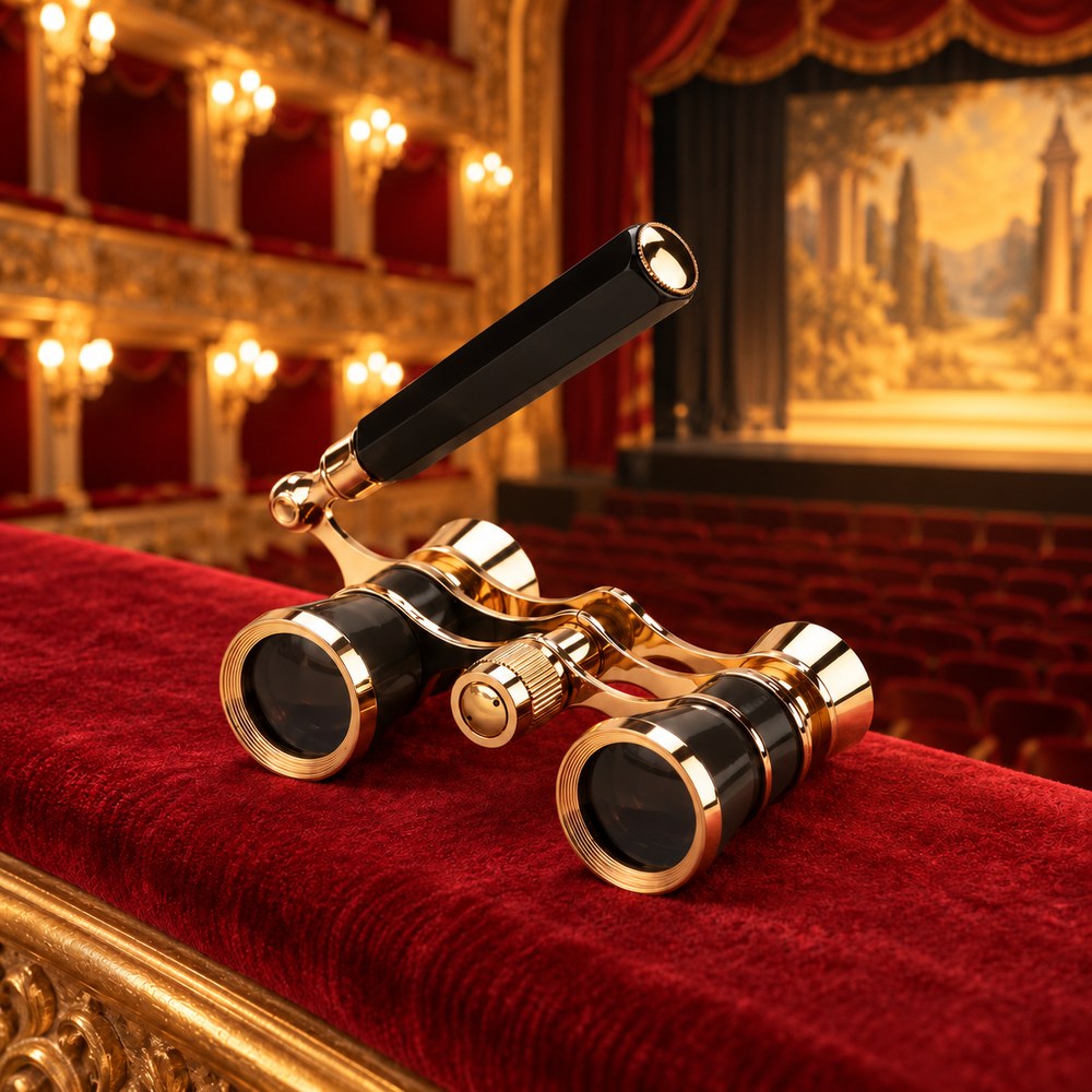 Jumelles d'opéra posées sur le velours rouge du rebord d'une loge, devant une scène de théâtre