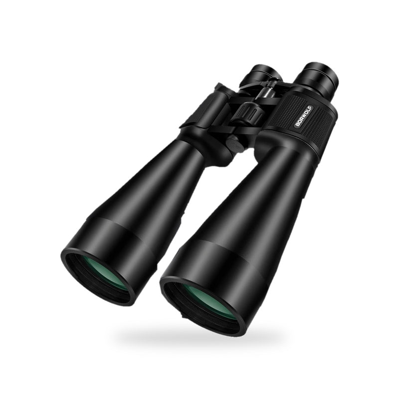 Grandes jumelles zoom 20-60x70 noires aux objectifs de 70 mm à reflets verts, vues de trois quarts sur fond blanc
