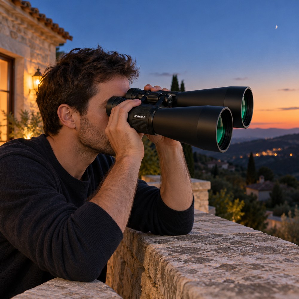 Un homme observe un paysage au crépuscule avec les jumelles zoom 20-60x70, accoudé à un muret en pierre