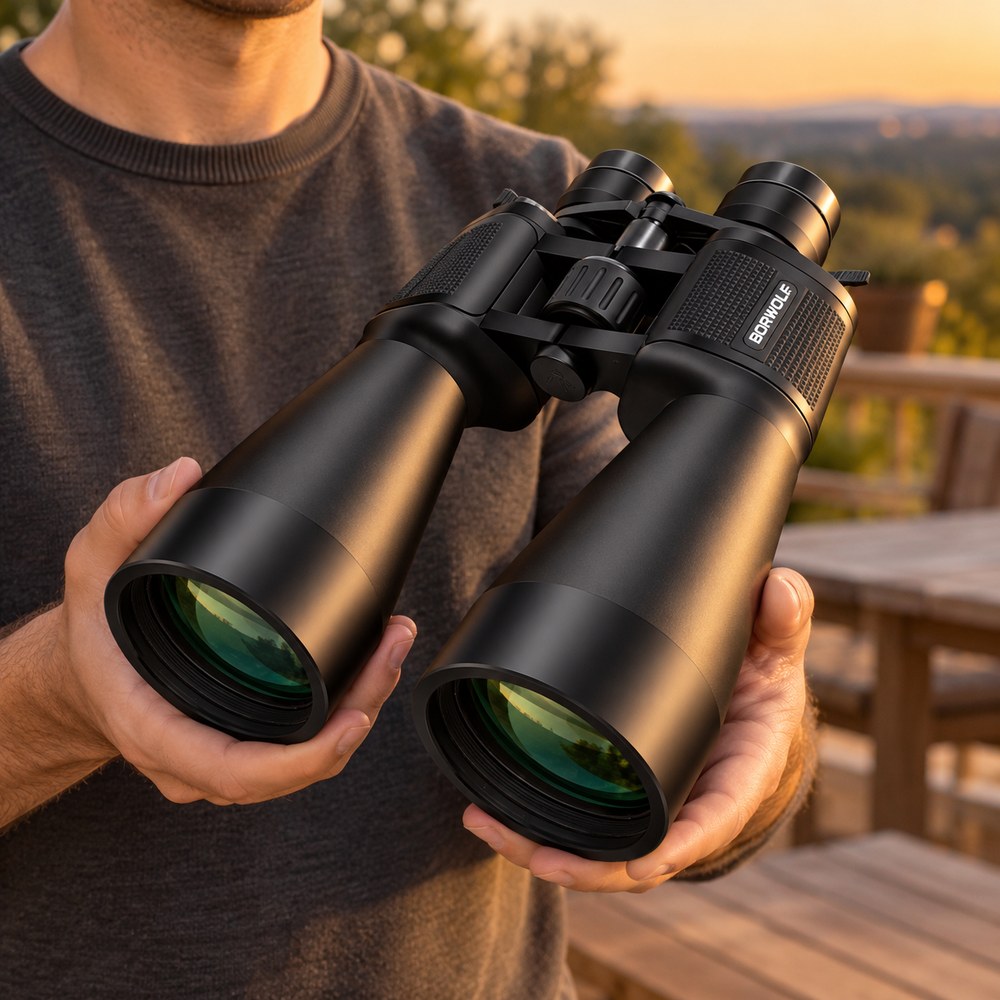 Un homme tient à deux mains les jumelles zoom 20-60x70 devant une terrasse en bois, aux objectifs de 70 mm tournés vers l'objectif