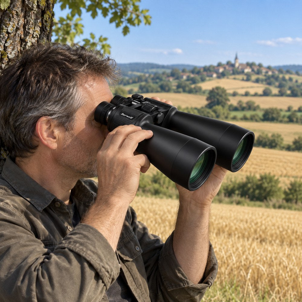 Un homme adossé à un chêne observe un village et la campagne avec les jumelles zoom 20-60x70