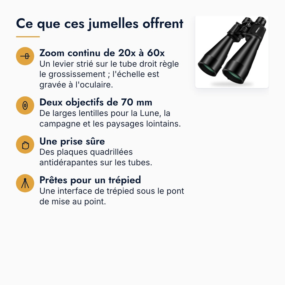 Carte des atouts des jumelles 20-60x70 : zoom continu de 20x à 60x, deux objectifs de 70 mm, prise antidérapante, interface de trépied