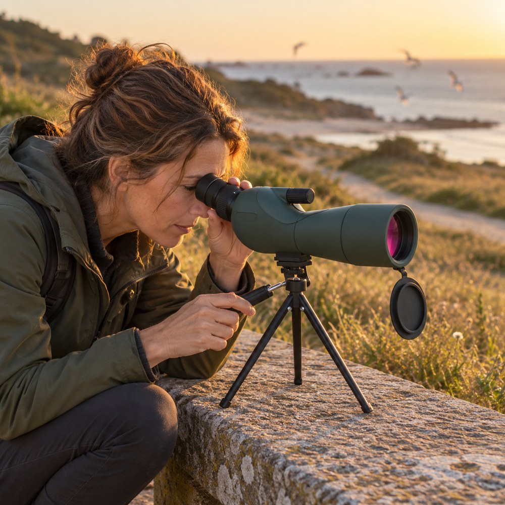 Une observatrice accroupie regarde dans la longue-vue posée sur un muret au bord de la mer, des oiseaux dans le ciel