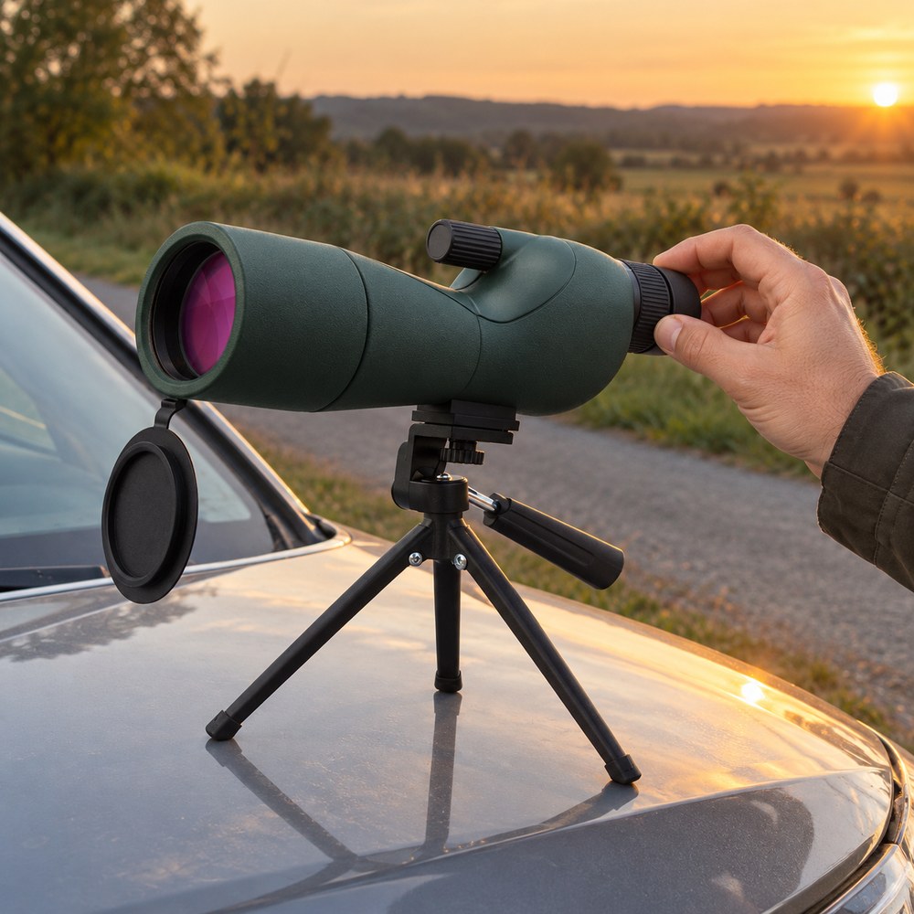 Une main règle l'oculaire de la longue-vue posée sur son trépied de table, sur le capot d'une voiture au coucher du soleil