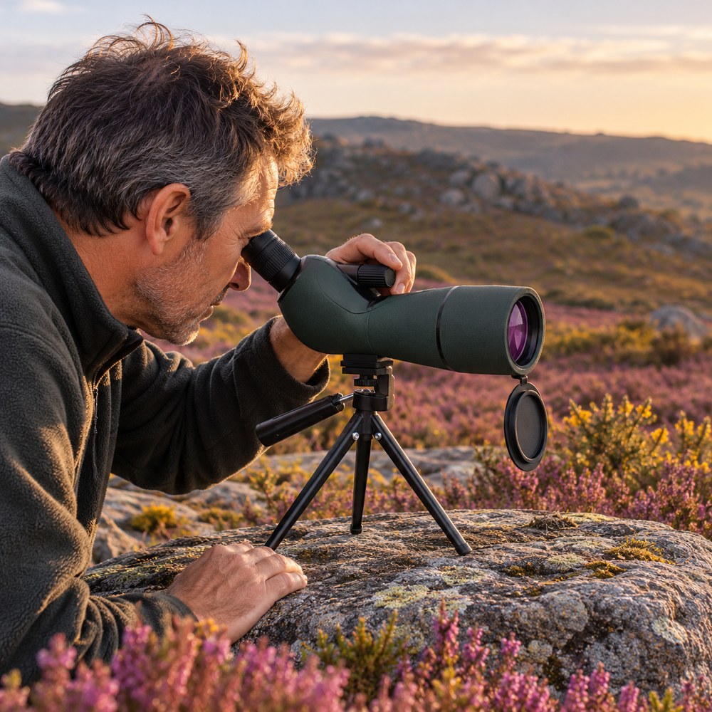 Un observateur regarde au loin dans la longue-vue 25-75x60 posée sur son trépied de table, au milieu d'une lande de bruyère en fleur