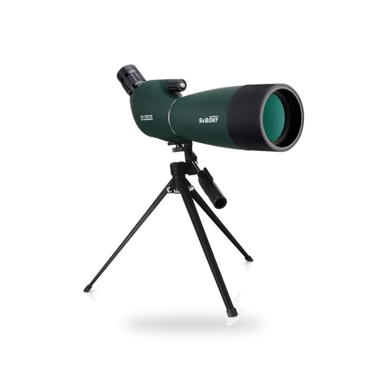Longue-vue SVBONY SV28 25-75x70 verte à large pare-soleil noir, sur un petit trépied de table noir, fond blanc