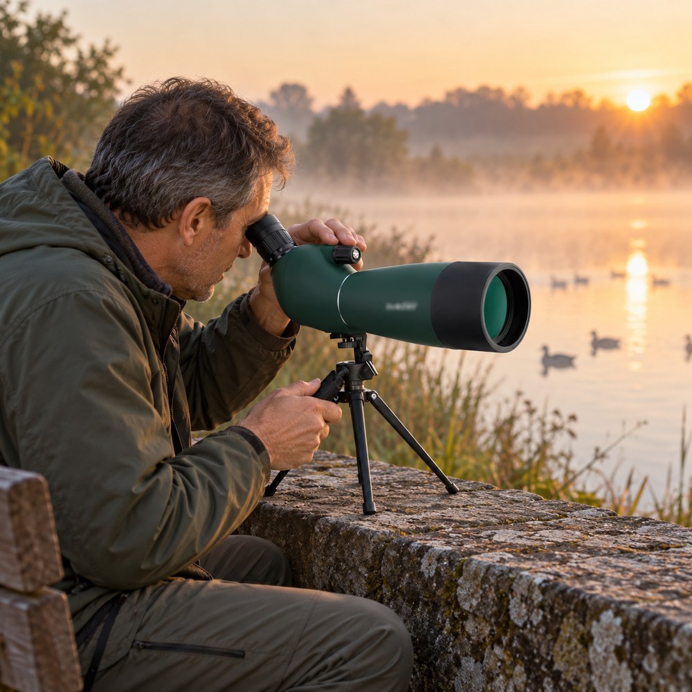Un observateur regarde dans la longue-vue 25-75x70 au bord d'un étang brumeux, des canards sur l'eau au lever du soleil