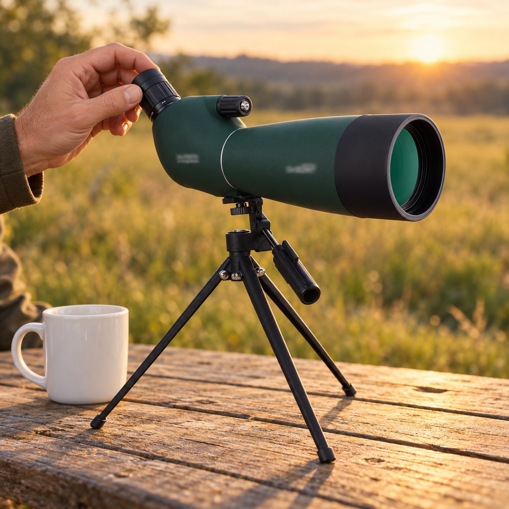 Une main règle l'oculaire de la longue-vue posée sur un petit trépied de table en bois, avec une tasse à côté pour l'échelle