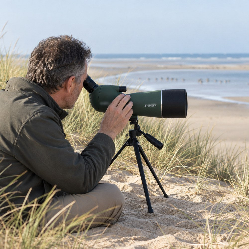 Un observateur assis dans les dunes regarde les oiseaux de la plage avec la longue-vue SV28 25-75x70 posée sur un petit trépied