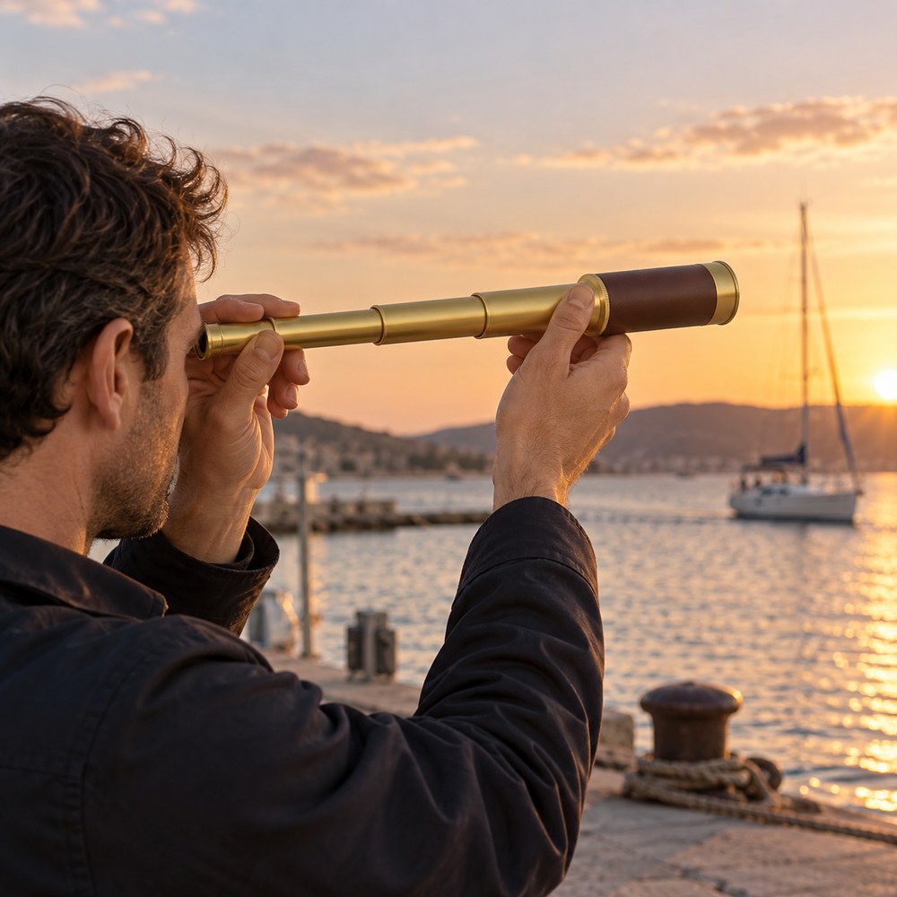 Un homme regarde au loin dans la longue-vue de poche déployée, face à un port au coucher du soleil, un voilier derrière lui