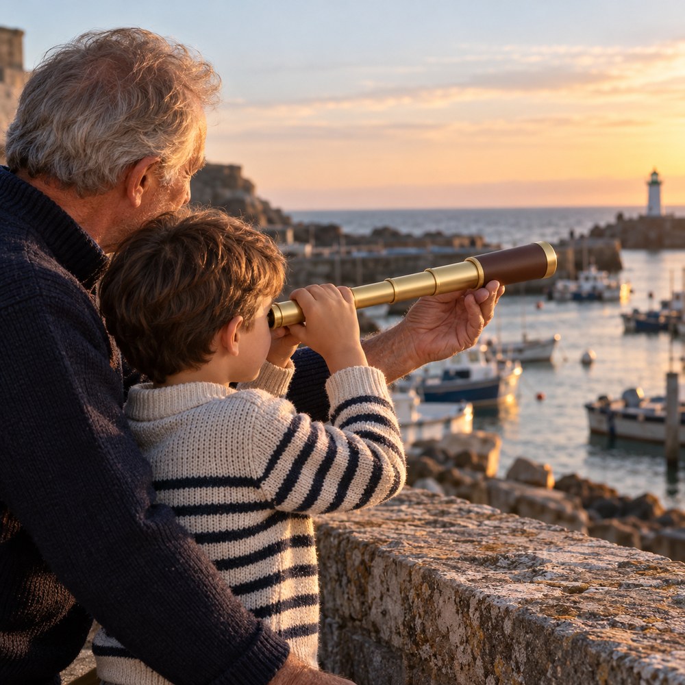 Un grand-père et son petit-fils regardent le port avec une longue-vue de poche rétro à finition laiton, depuis une jetée