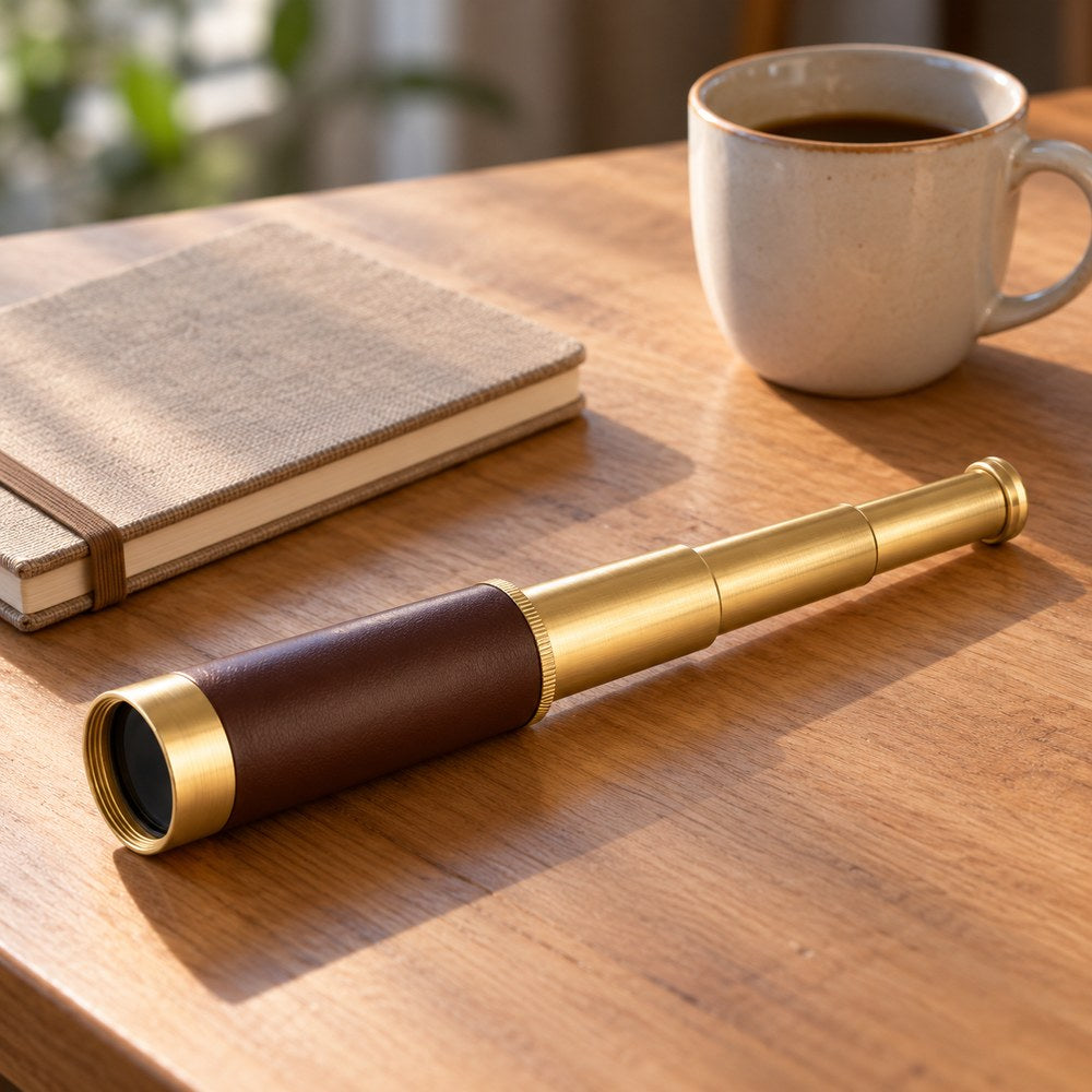 La longue-vue de poche rétro posée sur une table en bois, près d'un carnet et d'une tasse de café