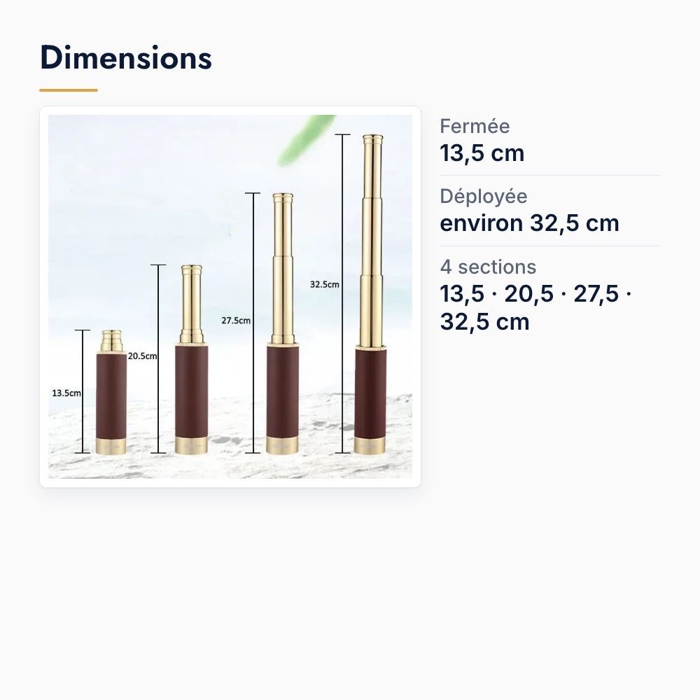 Dimensions de la longue-vue de poche rétro à quatre tirages : 13,5 cm repliée, 20,5 et 27,5 cm aux étapes intermédiaires, environ 32,5 cm déployée