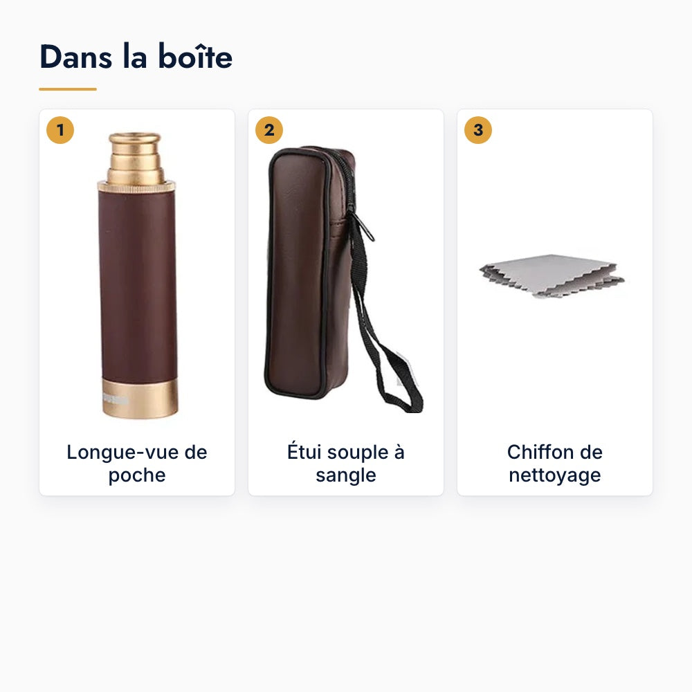 Dans la boîte : la longue-vue de poche, son étui souple à sangle et son chiffon de nettoyage