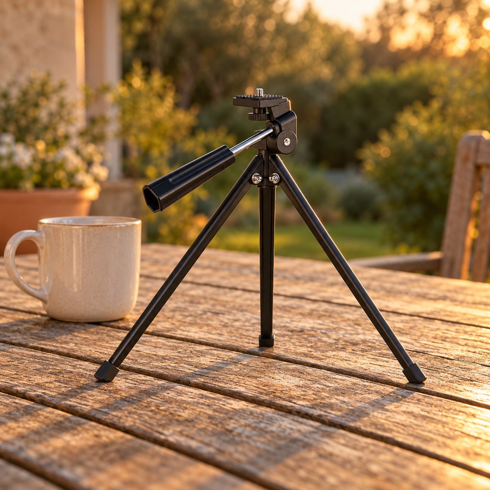 Le mini-trépied de table déplié sur une table de jardin en bois, tête inclinée vers le haut, un jardin flou derrière
