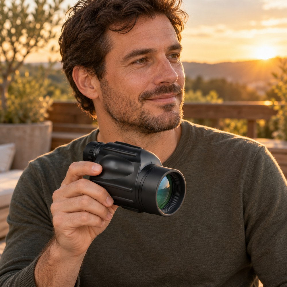 Un homme sourit en tenant le monoculaire 13x50 dans la main droite, devant une terrasse en bois au coucher du soleil