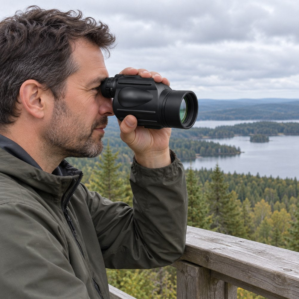 Un homme observe un lac et la forêt depuis une plateforme d'observation en bois avec le monoculaire SV49
