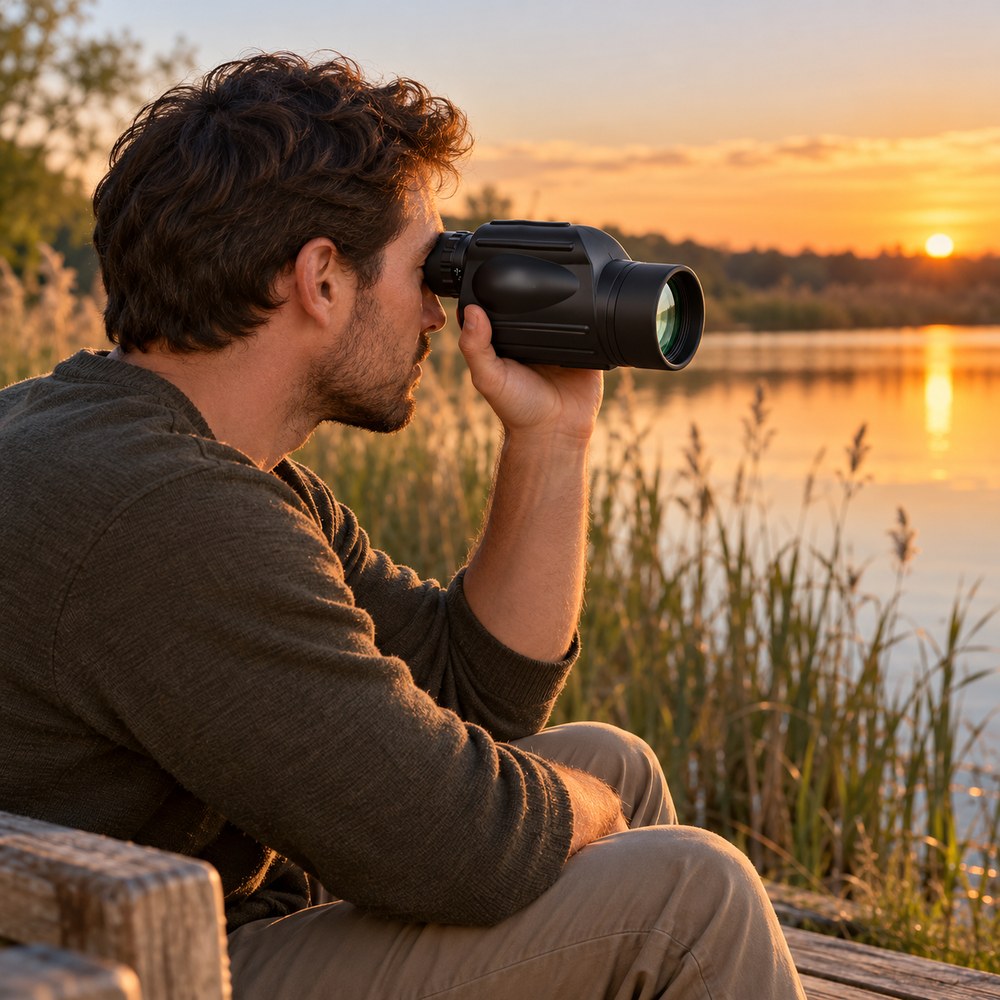 Un homme assis sur un banc au bord d'un étang, le coude sur le genou, observe avec le monoculaire 13x50 au coucher du soleil