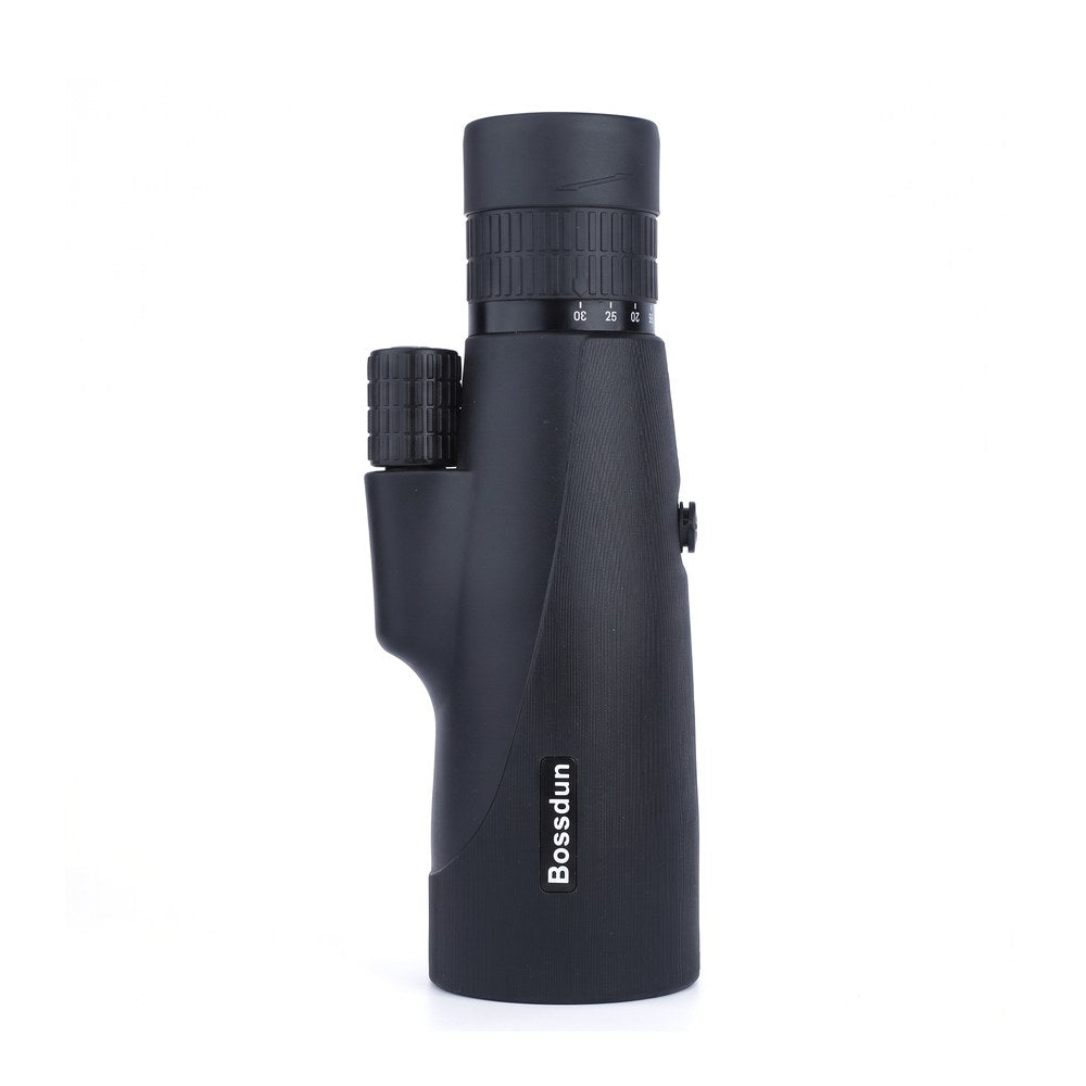 Monoculaire zoom 10-30x50 noir, debout et vu de face, sur fond blanc