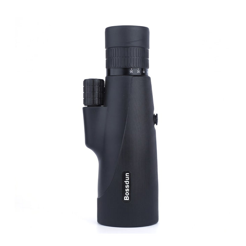 Monoculaire zoom 10-30x50 noir, debout et vu de face, sur fond blanc