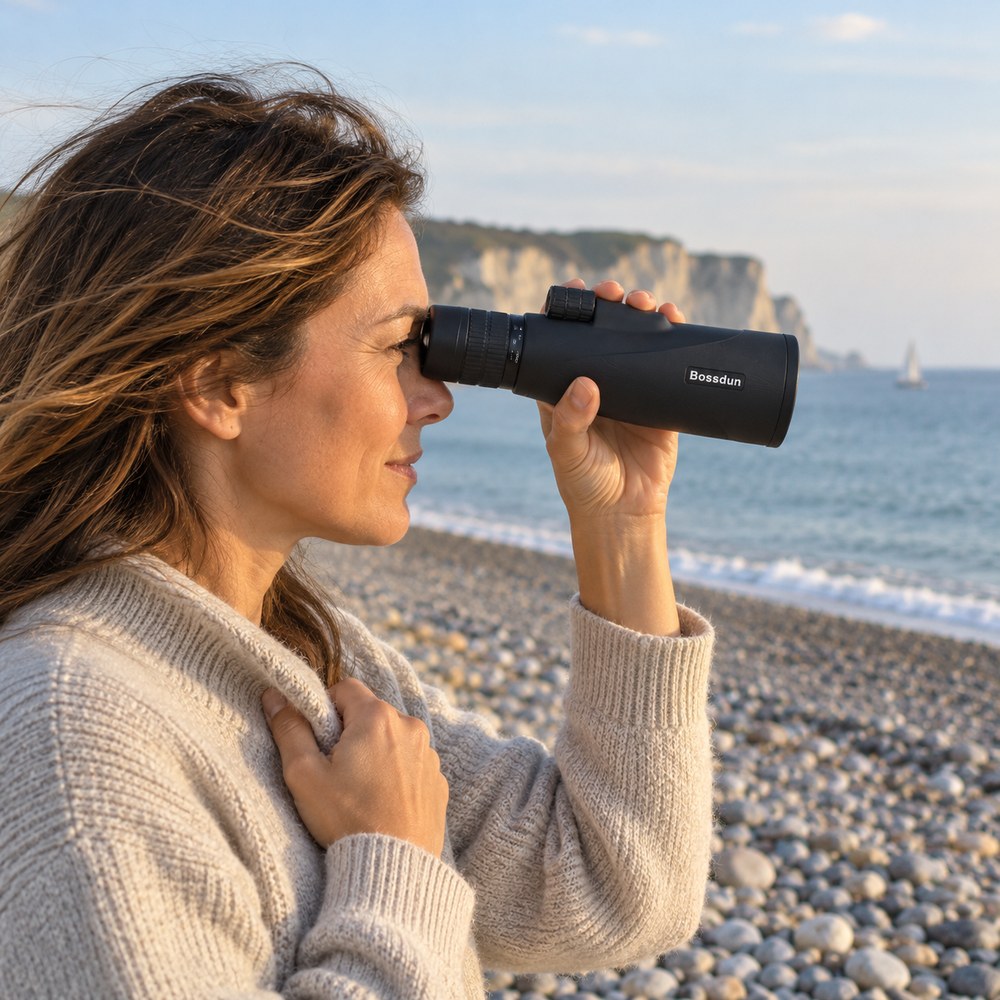 Une promeneuse observe la mer et les falaises avec le monoculaire zoom 10-30x50, sur une plage de galets